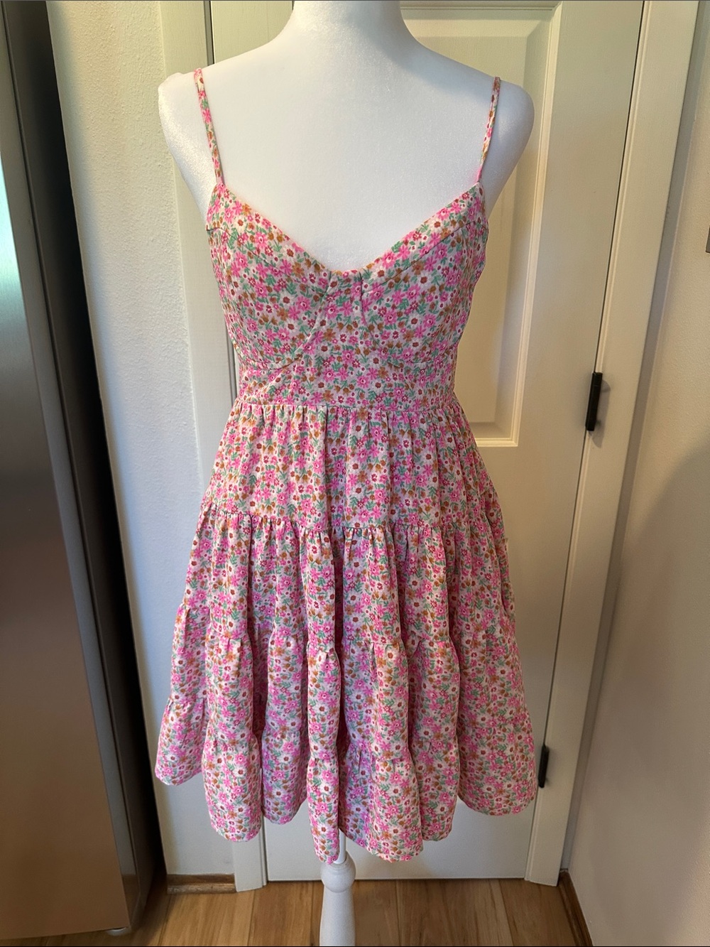 Le Lis Pink Floral Tiered Mini Dress with Spaghetti Straps